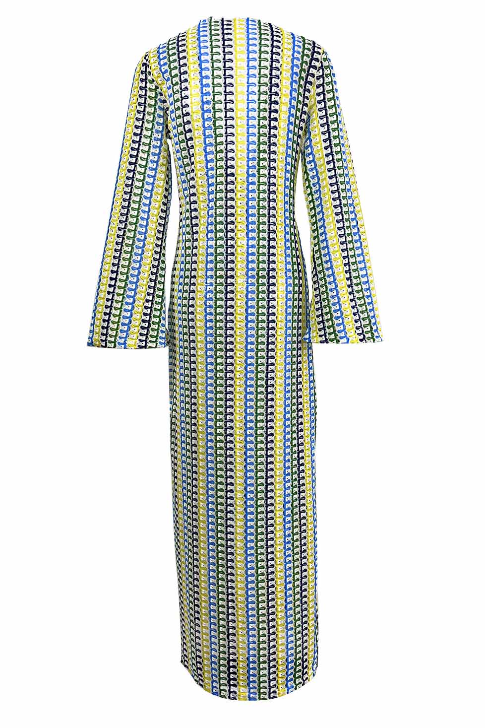 V Neck Bell Sleeve Wavy Striped Crochet Beach Vacation Maxi Dress