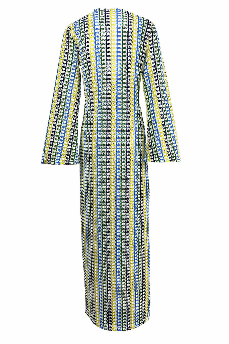 V Neck Bell Sleeve Wavy Striped Crochet Beach Vacation Maxi Dress