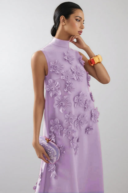 Celina 3d High Neck Sleeveless Maxi Dress-purple