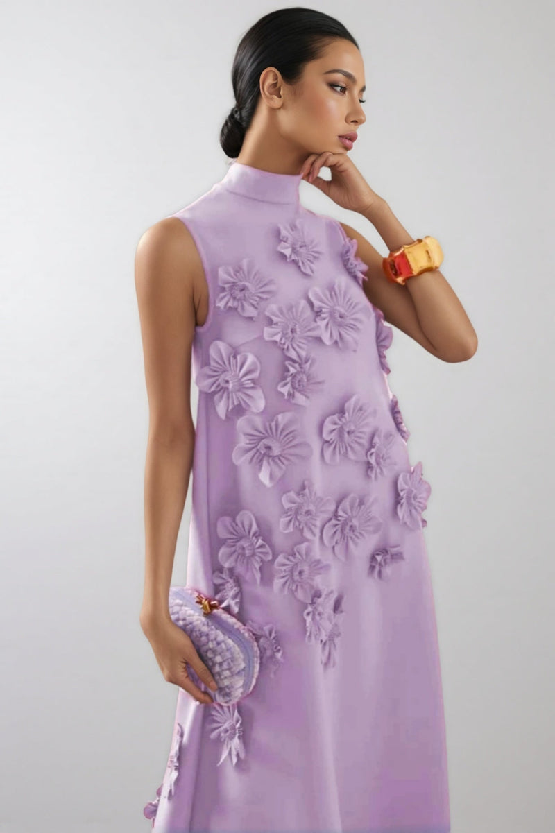 Celina 3d High Neck Sleeveless Maxi Dress-purple