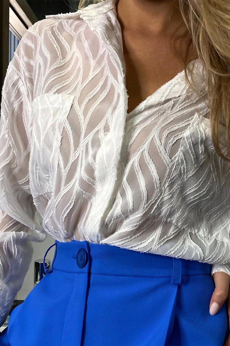 Sheer Textured Button-up Long Sleeve Blouse