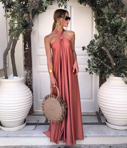Satin Maxi Long Dress: Backless Halter Neck