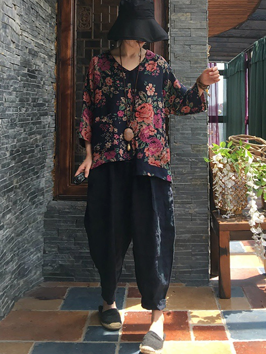 V-neck Long Sleeve Cotton Blouse Shirt Oo1030