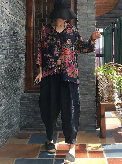 V-neck Long Sleeve Cotton Blouse Shirt Oo1030