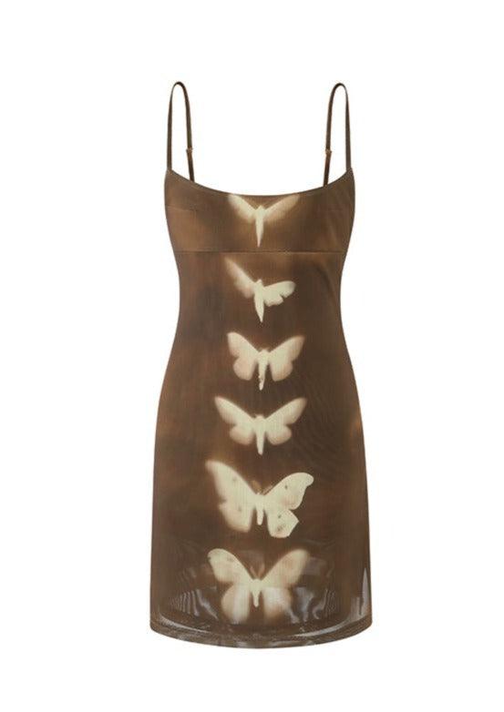 Double-layer Mesh Butterfly Printed Slip Dress