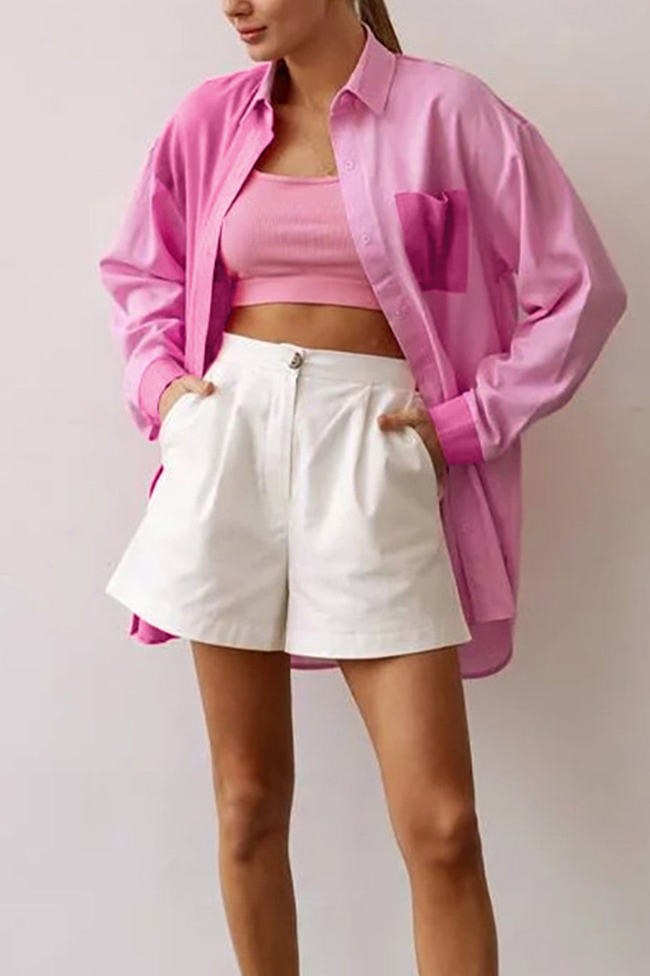 Pink Lapel Pocket Button-up Long Sleeve Blouse