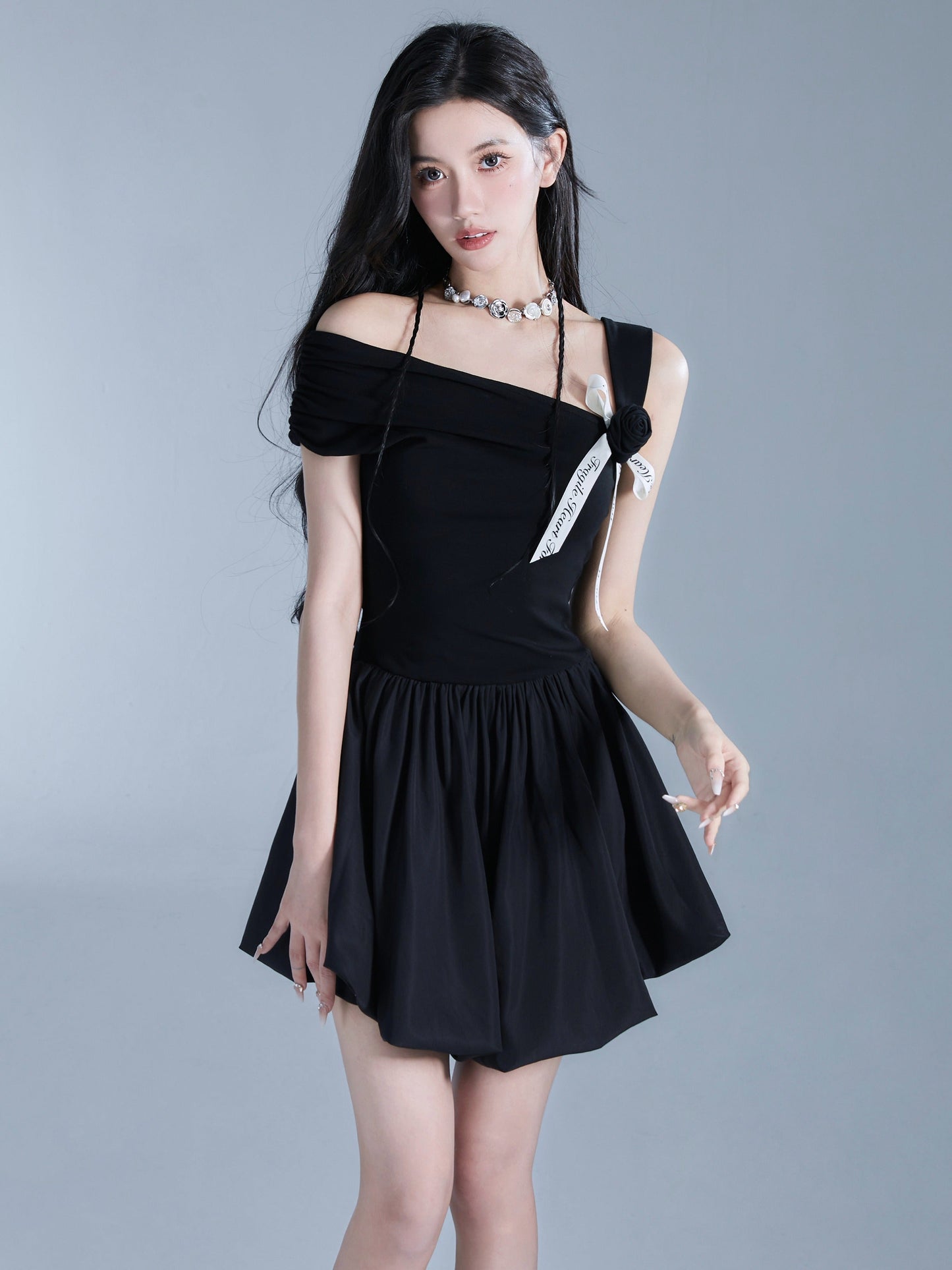 Off-shoulder Black Mini Dress With Contrast Bow Detail