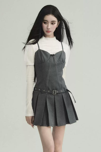Professional Grey Blazer and Pleated Mini Dress Set