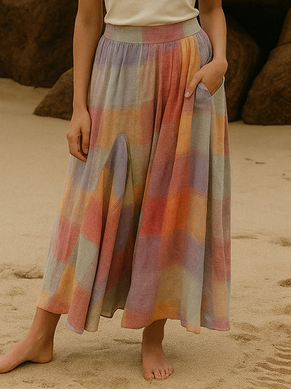 Colorful Flowy Plaid Midi Skirt