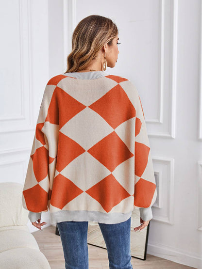 V-neck Geometric Color Block Knit Cardigan