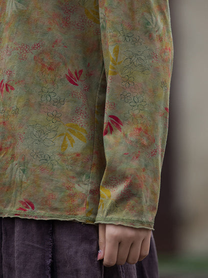 Autumn O-neck Flower Cotton Blouse At1008