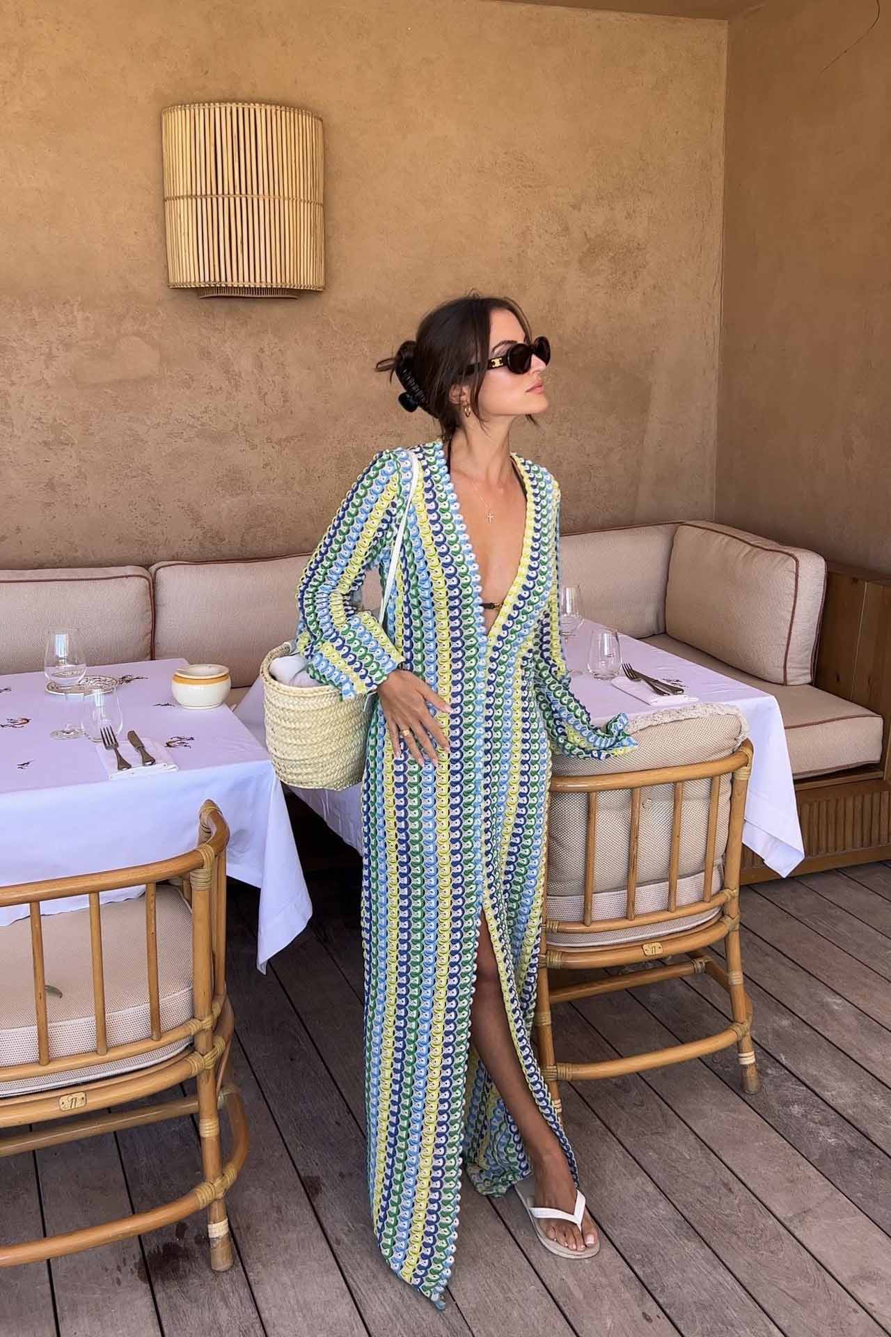 V Neck Bell Sleeve Wavy Striped Crochet Beach Vacation Maxi Dress