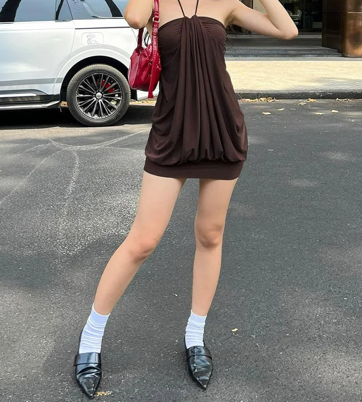 Halter Ruched Backless Mini Dress