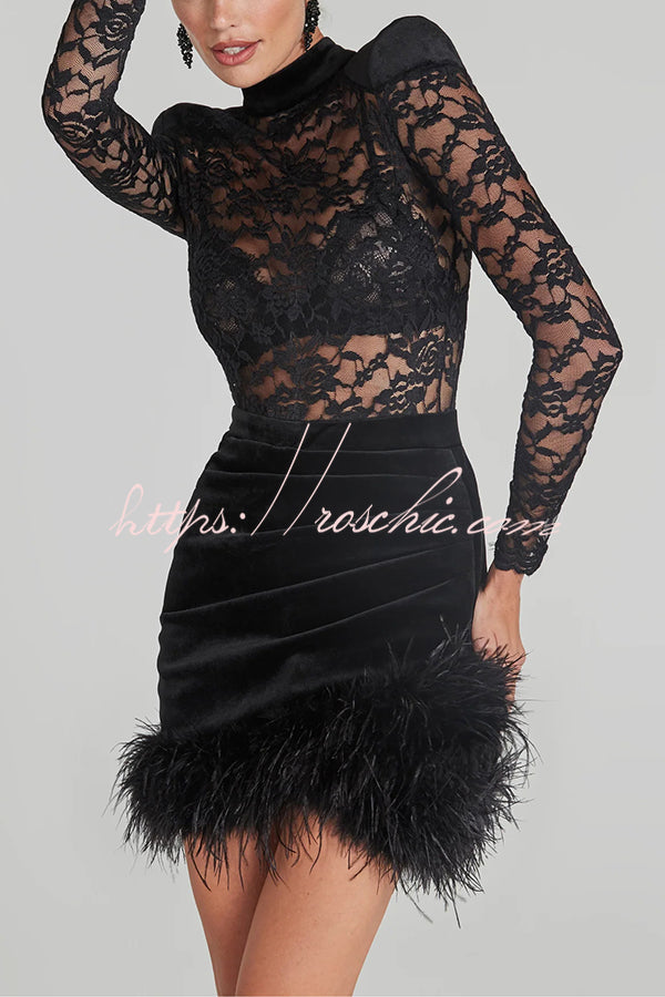 Freya Lace Velvet Patchwork Feather Trim Ruched Stretch Mini Dress