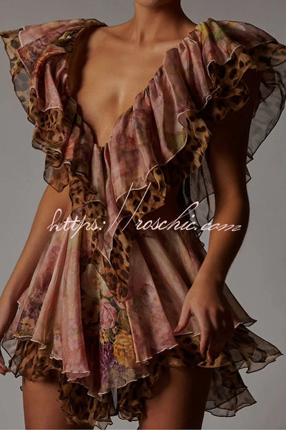 Dreamy Island Leopard Print Cutout Waist Tiered Ruffles Mini Dress
