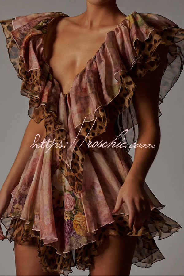 Dreamy Island Leopard Print Cutout Waist Tiered Ruffles Mini Dress