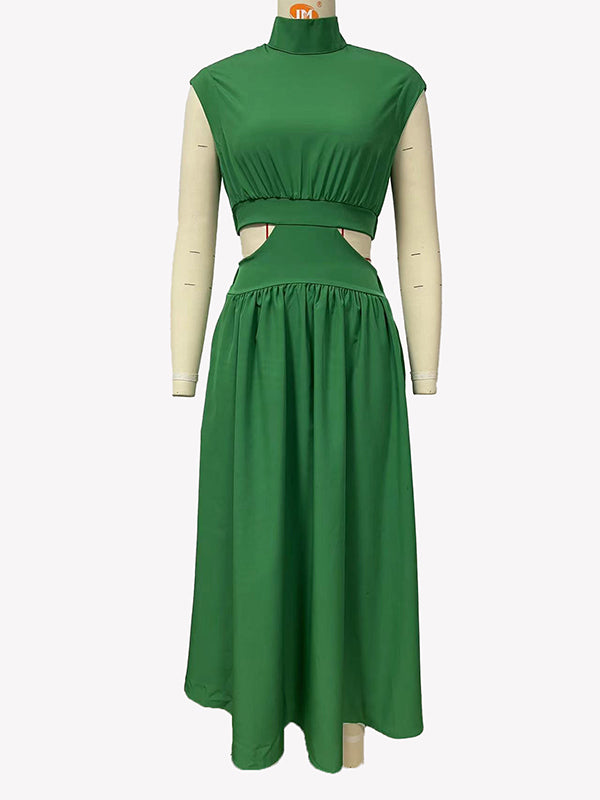 Cap Sleeve Belly-hollow Pleated Color Stand Collar Maxi Dresses