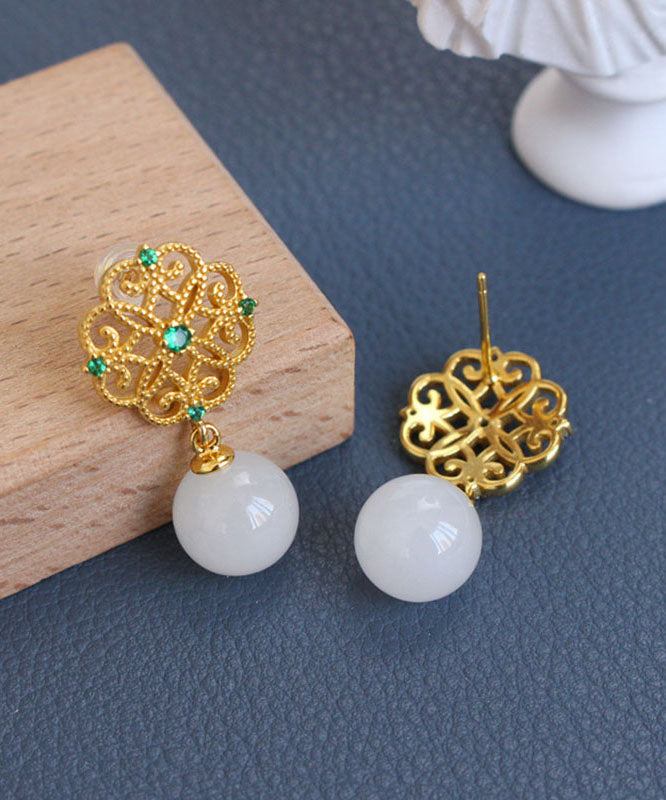 White Sterling Silver Overgild Jade Clover Hollow Out Drop Earrings