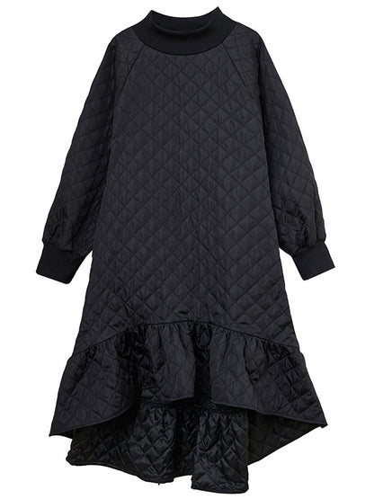 Long Sleeves A-line Rhombic Falbala High-neck Midi Dresses