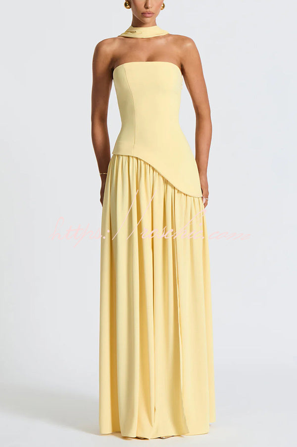 Off Shopulder Chiffon Pleated Hem Scarf Slit Maxi Dress