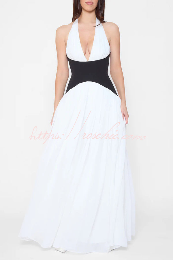 Fashionable Color Matching Halter Neck Waist Maxi Dress