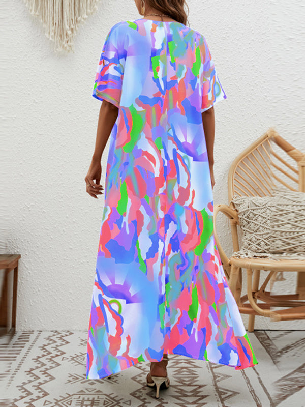 Loose Short Sleeves Contrast Color High-waisted Printed V-neck Maxi Dresses