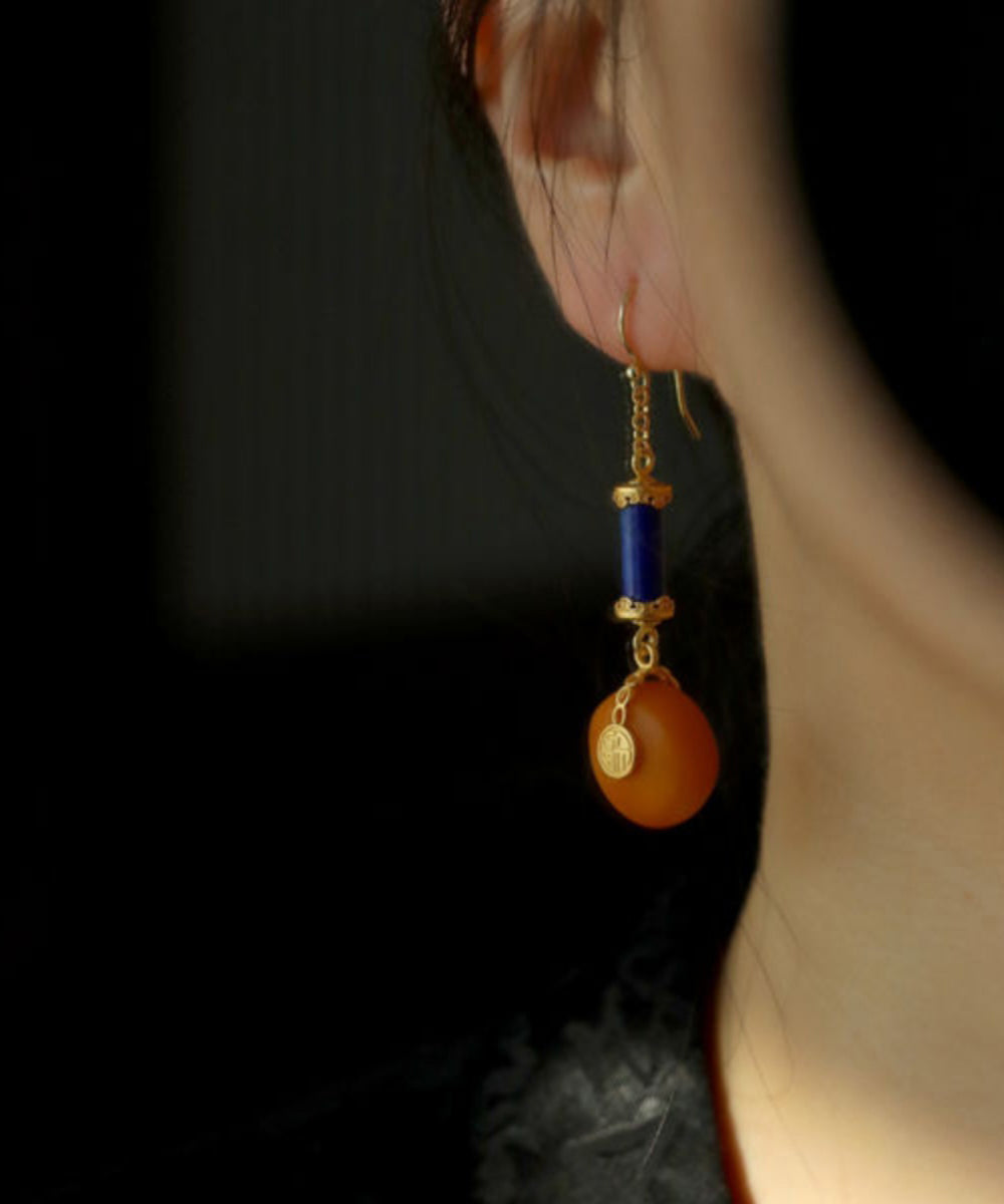 Orange Sterling Silver Overgild Amber Honey Wax Drop Earrings