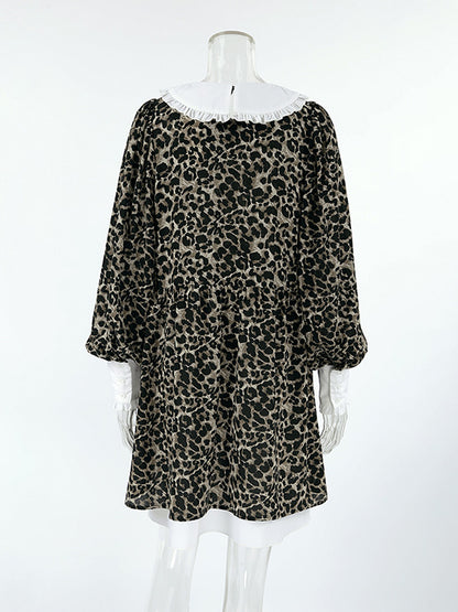 Puff Sleeves Contrast Color Falbala Leopard Split-joint Mini Dresses