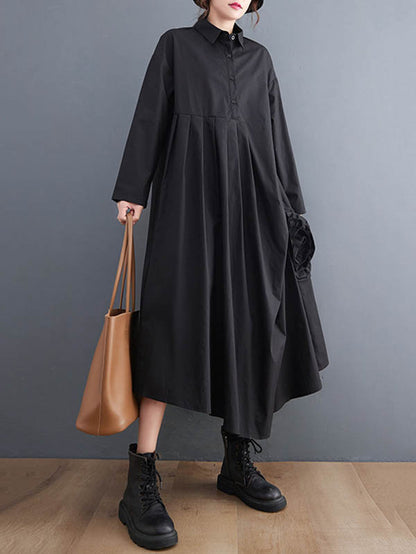 Urban Applique Pleated Long Sleeves Shirt Dress Midi Dress