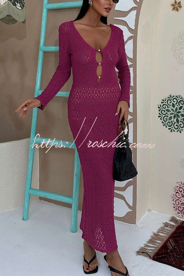 V-neck Long-sleeved Hollow Slim Maxi Dress