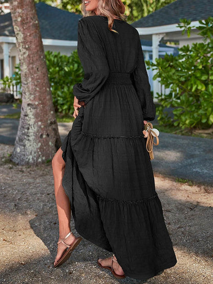 A-line Long Sleeves Elasticity Color Split-joint V-neck Maxi Dresses