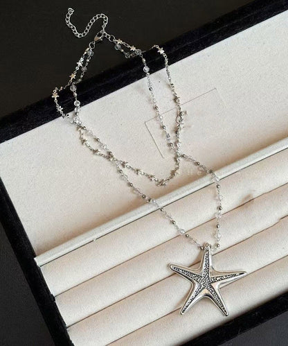 Simple Alloy Zircon Star Double Layer Beading Pendant Necklace