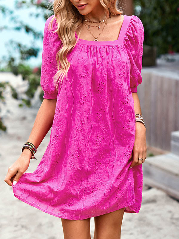 Loose Puff Sleeves Jacquard Color Square-neck Mini Dresses