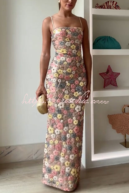 80's Inspired Print Sequin Square Neck Slip Stretch Maxi Dress
