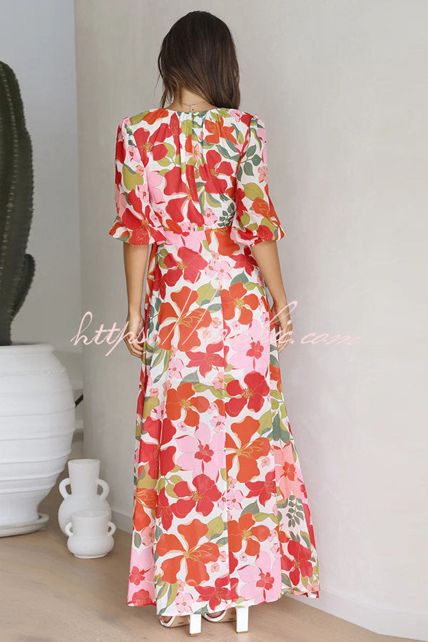 Del Mare Puff Sleeve Front Cutout High Low Maxi Dress