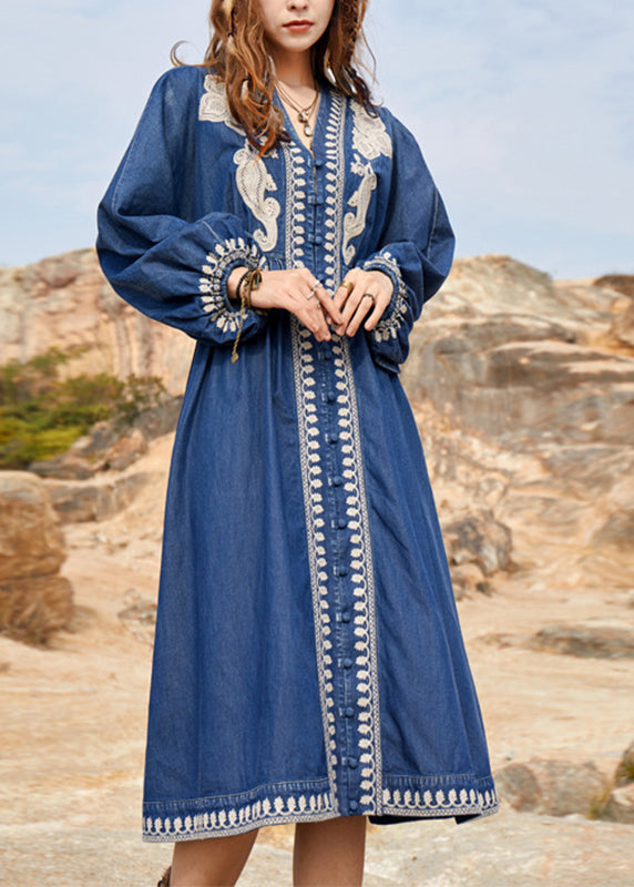 Navy V Neck Embroidered Patchwork Denim Maxi Dresses Spring Nn022