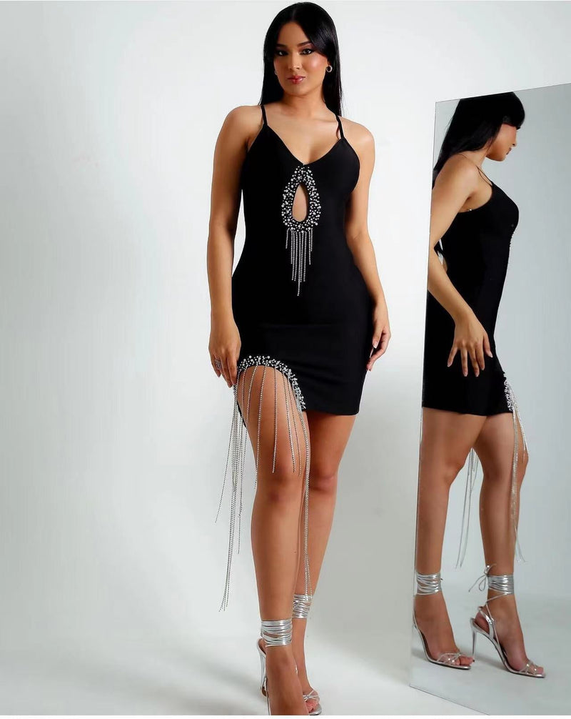 Autumn Cutout Rhinestone Silver Necklace Tassel Suspender Hip Dress