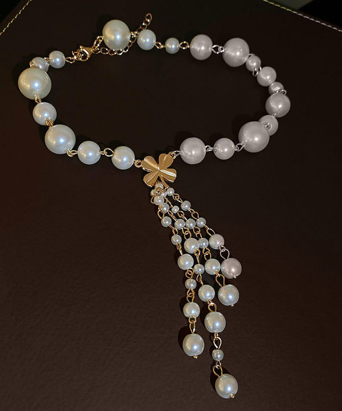 White Alloy Pearl Tassel Pendant Necklace