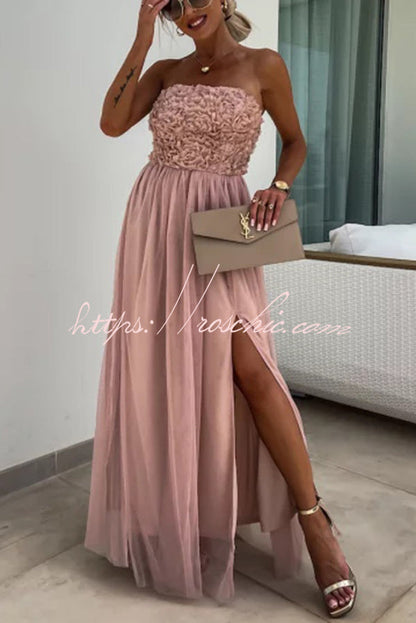 Romance and Lightness Tulle Texture Pleated Patchwork Strapless Slit Maxi Dress
