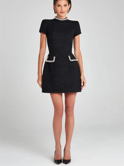 Tosssy Shiny Female Mini Dress Pocket Short Sleeve Patchwork Slim Party Dress Gown ’s Glitter Vntage Dress