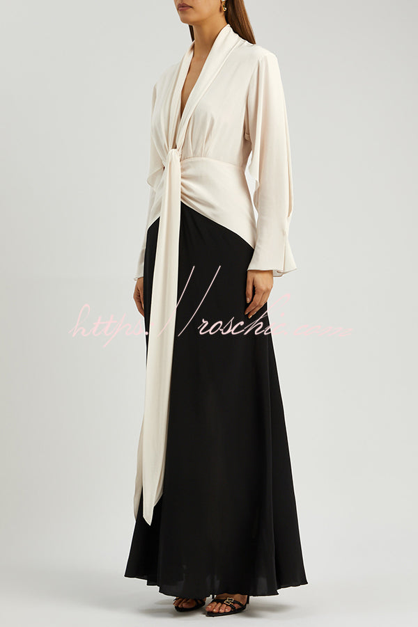 Contrast Color V-neck Tie High Waist Drape Maxi Dress