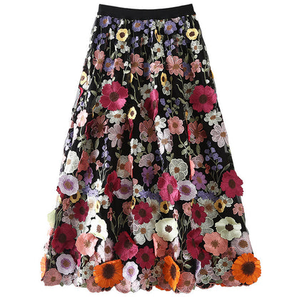 French Elastic Waist Yellow Embroidery Patch Tulle Skirt