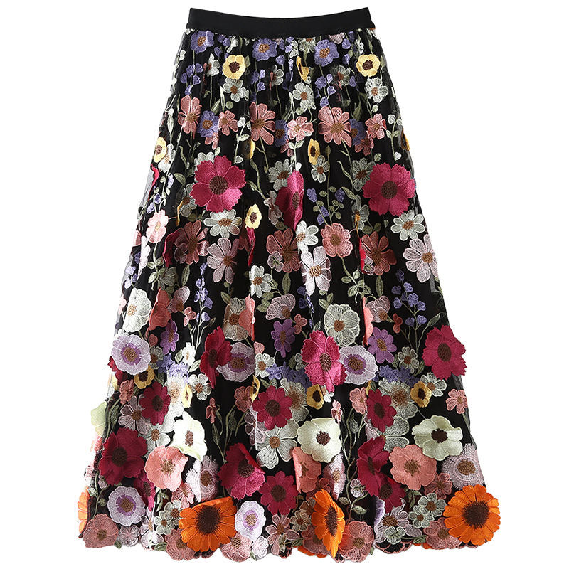 French Elastic Waist Yellow Embroidery Patch Tulle Skirt
