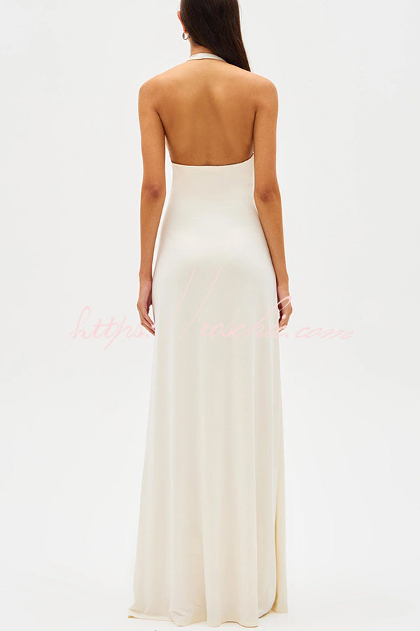 Silhouette Deep U-neck Halter Waterfall Sash Drape Maxi Dress