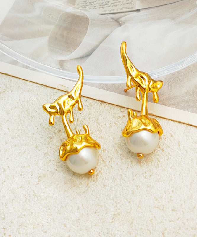 Gold Copper Overgild Glass Pearl Stud Earrings