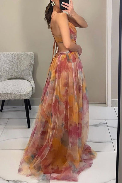 Everly - Printed Lace-up Maxi Dress