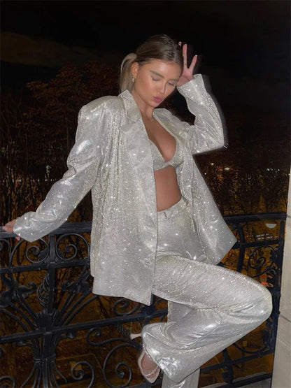 Sparkly Blazers for Oversized Loose Sliver Black Gliiter Jackets Blazer Set Pink Coat Party Outfits