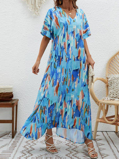 Loose Short Sleeves Contrast Color High-waisted Printed V-neck Maxi Dresses