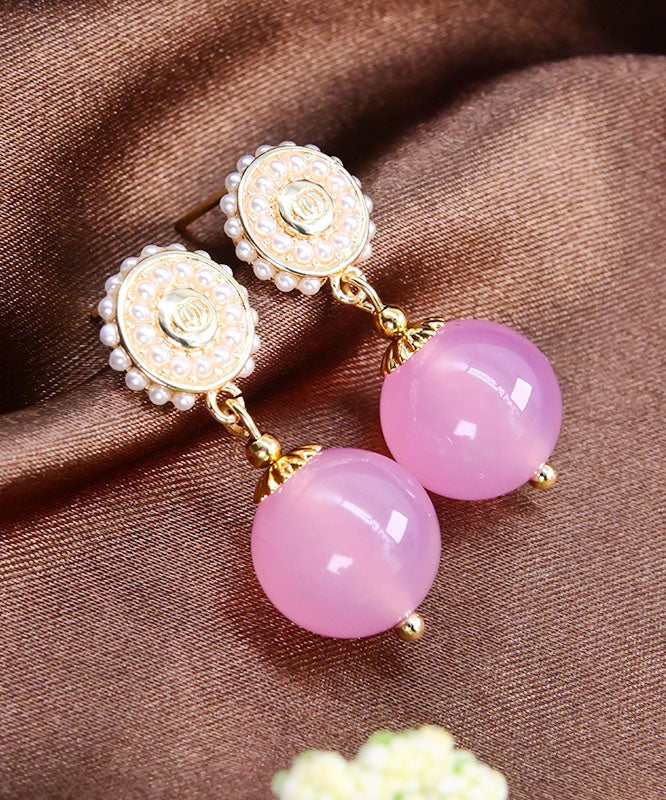 Pink Sterling Silver Pearl Chalcedony Ball Drop Earrings