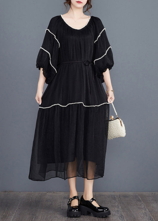 Black Nail Bead Long Dresses Half Sleeve Aj1022